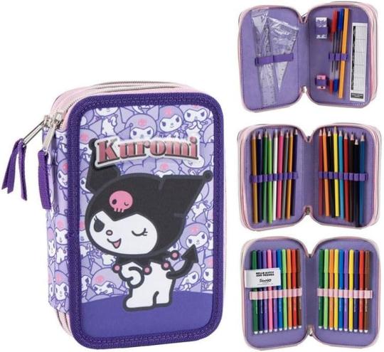 Hello Kitty Kuromi 3-fach Federmäppchen gefüllt – 44-teiliges Schüleretui – Offiziell lizenziert 