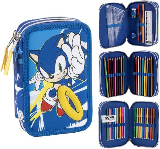 Sonic the Hedgehog Federmäppchen mit Zubehör – Gefülltes 3-Fach Federmäppchen für Schule 